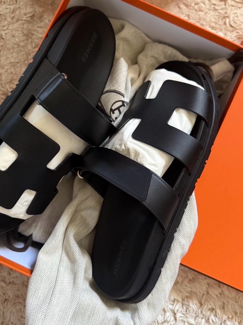 Hermes Black Leather H-Strap Chypre Noir Slide Sandals